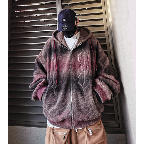 美式高街加绒连帽卫衣外套