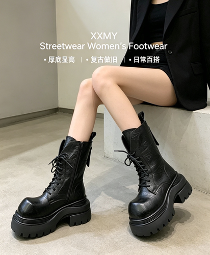 黑色厚底马丁靴女2026秋款做旧褶皱皮增高机车靴复古系带中筒靴潮