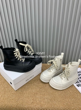 擦色复古厚底高帮女秋靴粗鞋带侧拉链大头增高显脚小百搭休闲板鞋