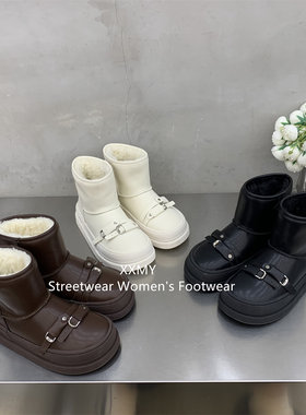 美拉德皮面防水短筒雪地靴女冬季双搭扣厚底加绒加厚增高保暖棉靴