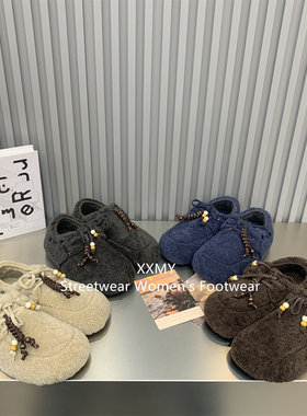 民族风木珠系带毛毛鞋女冬季外穿全包羊羔毛保暖平底加绒豆豆棉鞋
