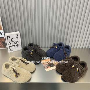 民族风木珠系带毛毛鞋女冬季外穿全包羊羔毛保暖平底加绒豆豆棉鞋