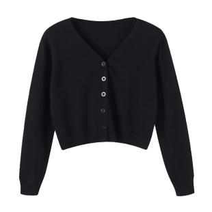 开衫 矮小个子春秋季 女纯色外套短款 针织衫 V领毛衣外搭上衣 长袖