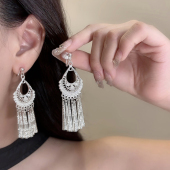 长款 民族风银色水滴流苏吊坠蚊香盘耳夹气质苗疆无耳洞耳饰耳钉女