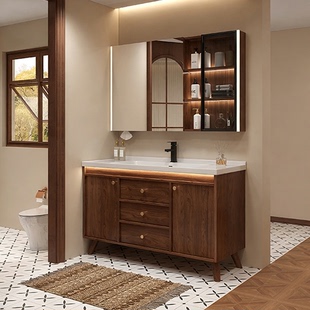 胡桃木色陶瓷一体盆落地浴室柜组合卫生间洗手盆洗脸盆洗漱台卫浴