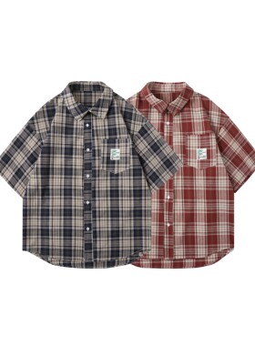 NO LOGO美式复古格子短袖衬衫男女夏季潮牌ins休闲宽松情侣衬衣