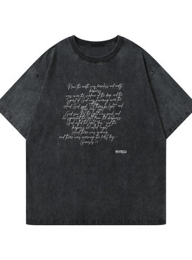 介夫 美式休闲280G重磅水洗做旧短袖T恤男女夏季复古字母圆领半袖