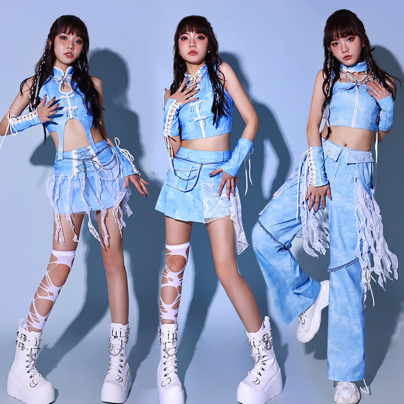 爵士舞演出服2024新款舞蹈服性感韩舞kpop蓝色打歌服女团舞台装潮