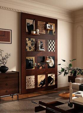 实木中古风洞洞板置物架图案造型墙面定制入户玄关收纳架高级感