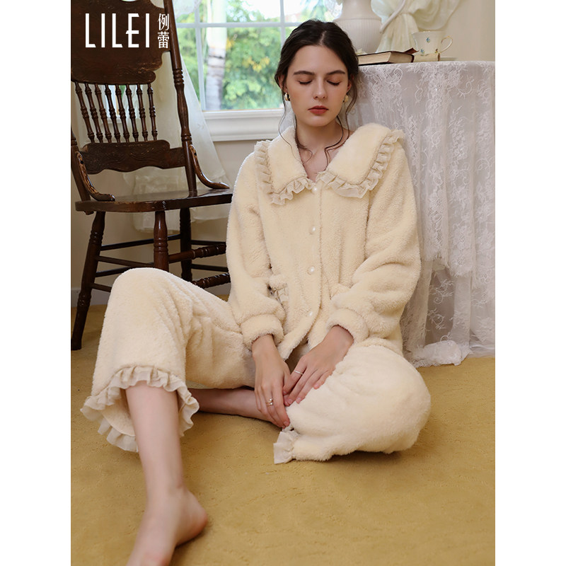 法兰绒睡衣女秋冬可外穿法式甜美宫廷风加厚保暖公主珊瑚绒居家服