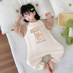 春秋冬女童新款纯棉长袖薄款连体睡衣家居服儿童小宝宝睡袋一体服