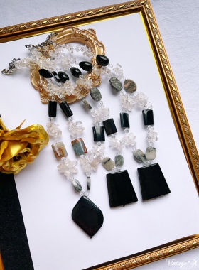 SJ天然水晶玛瑙琉璃吊坠项链高级黑白配色vintage复古配饰 H1133