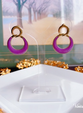 Vintage复古耳钉 紫色滴釉门环耳钉显白E1129