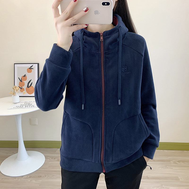 秋冬新款摇粒绒外套女连帽加厚拉链开衫上衣加绒卫衣保暖抓绒衣