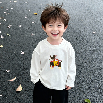 男童长袖t恤纯棉宽松原创白色小孩韩系潮牌ins风春秋打底软上衣