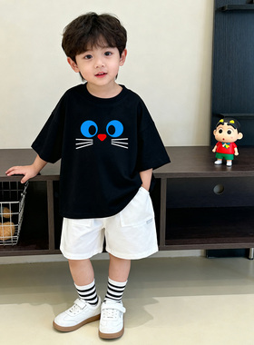 原创童装男童黑色圆领短袖 T恤纯棉夏装韩系宽松卡通猫咪儿童半袖