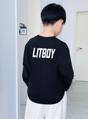 男童长袖t恤圆领棉黑色春秋款潮流童装幼儿园男宝上衣百搭潮牌