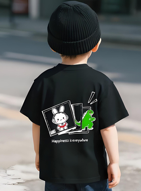 原创童装男童黑色短袖T 恤纯棉夏装韩版宽松卡通恐龙印花儿童半袖