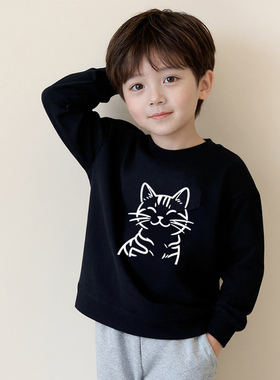 原创童装男童韩式黑色长袖 t 恤秋冬全棉落肩亲肤中小童百搭上衣