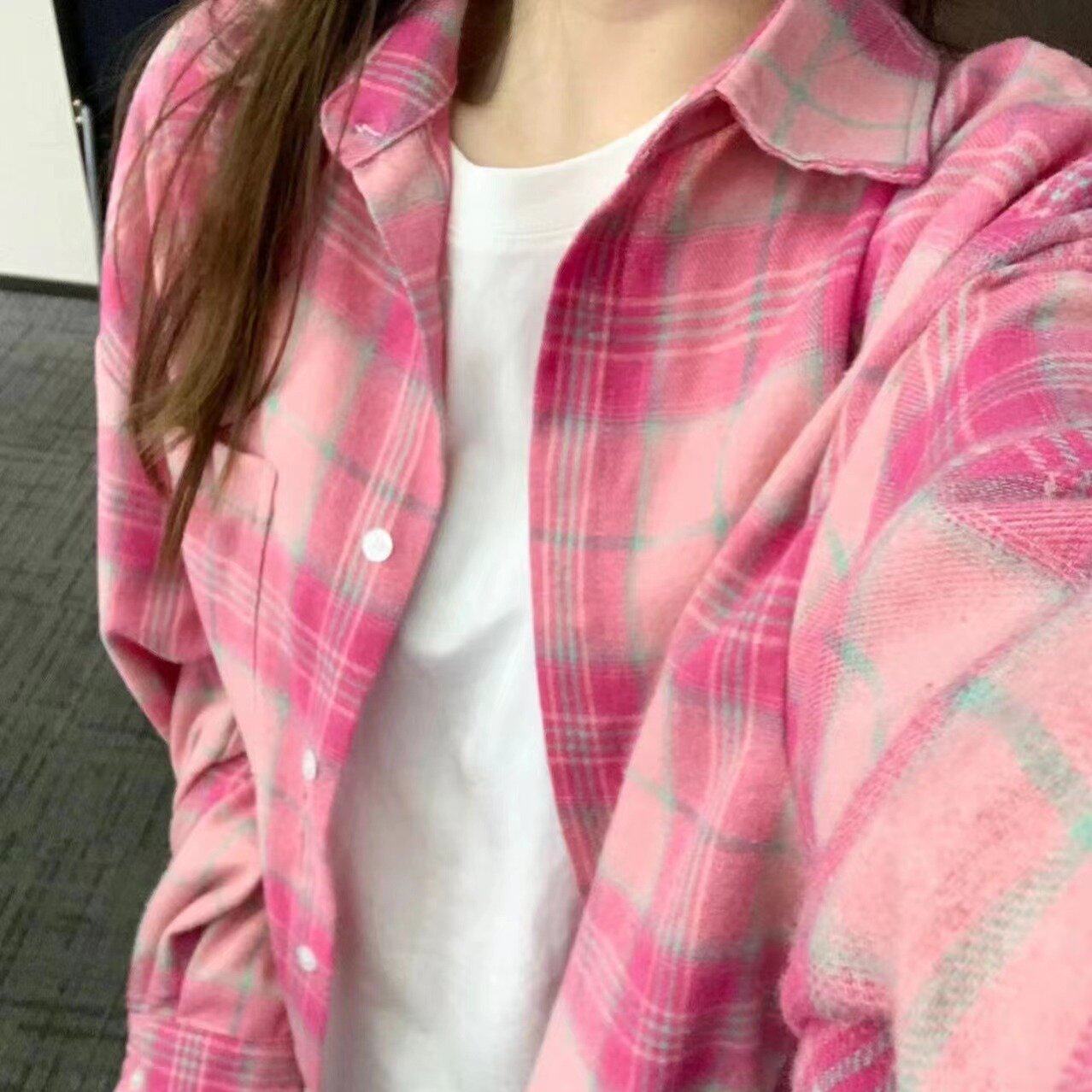 粉色格子衬衫女夏季2025薄款韩版宽松休闲防晒长袖衬衣外套