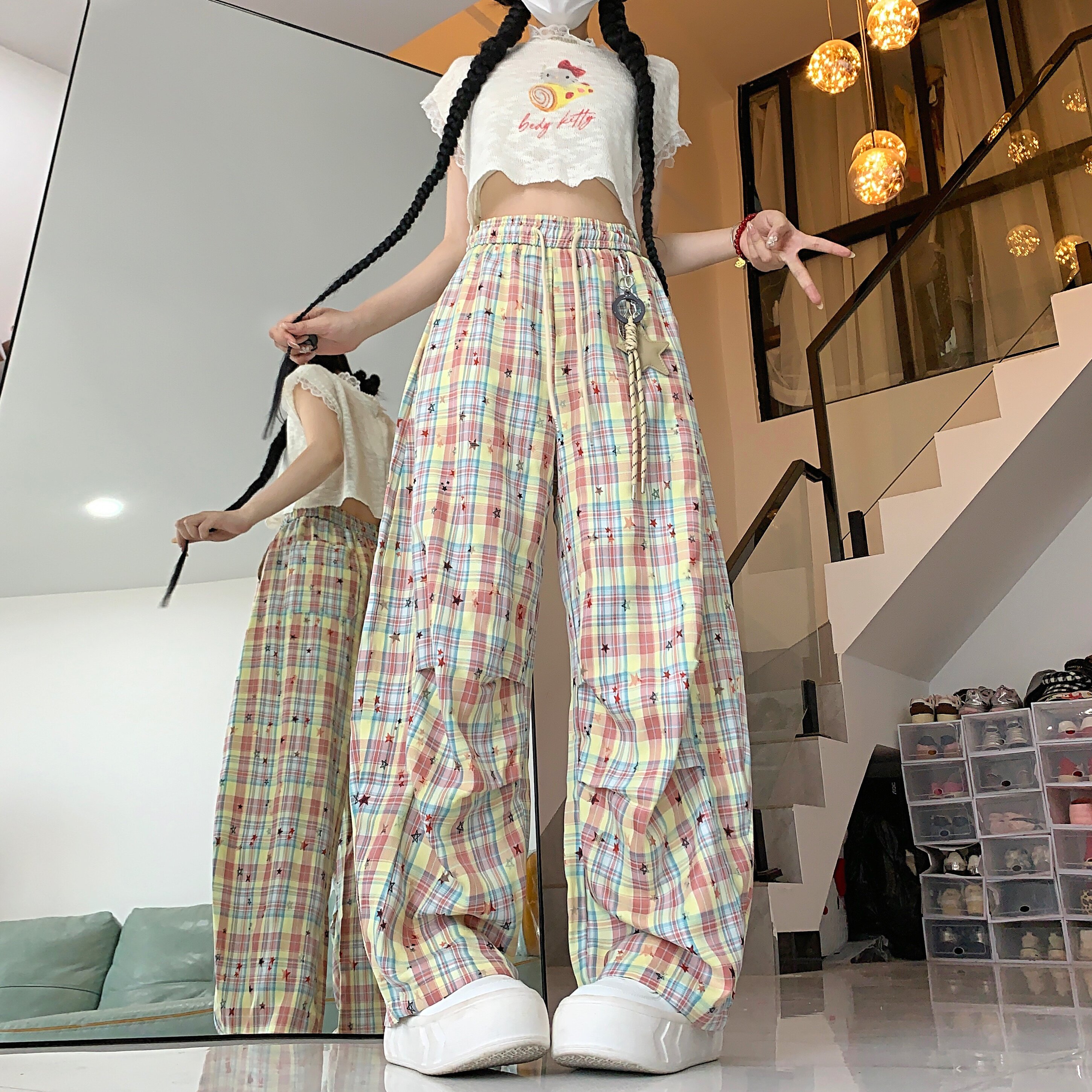 实拍多巴胺格子星星挂饰休闲裤夏季女松紧腰褶皱阔腿宽松长裤