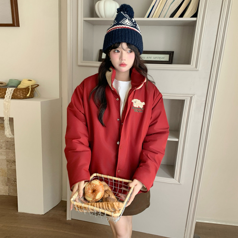 实拍双面穿毛美式风外套女冬2025新款宽松加厚小个子保暖上衣棉服