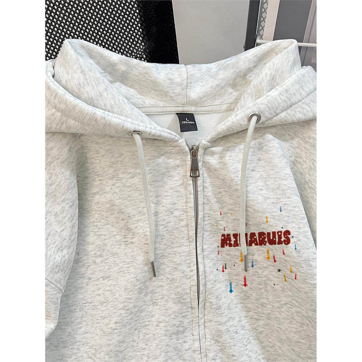 白灰色连帽拉炼短外套男女加绒加厚秋冬款宽松慵懒风美式卫衣开衫