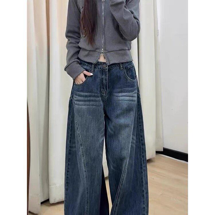 美式水洗弯刀牛仔裤女秋季新款高腰宽松显瘦垂感直筒镰刀拖地裤子