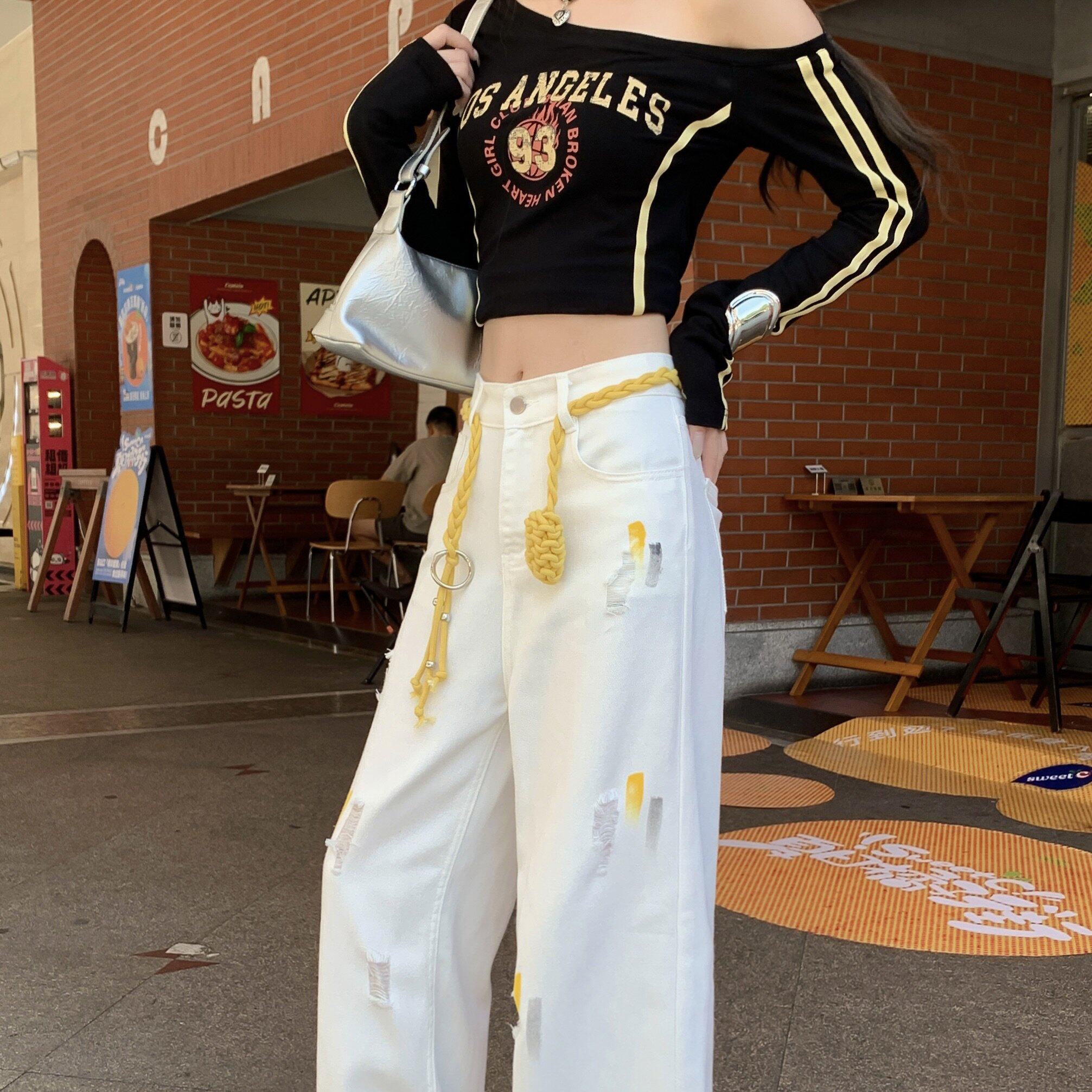 实拍实价 小众设计感彩绘破洞牛仔裤高腰显瘦宽松直筒阔腿拖地裤