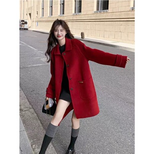 网红爆款红色呢子大衣女冬新款中长款小个子韩版高级感毛呢外套