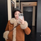 实拍 美拉德复古棕色牛仔外套女秋冬加厚短款 拼接毛毛上衣棉服