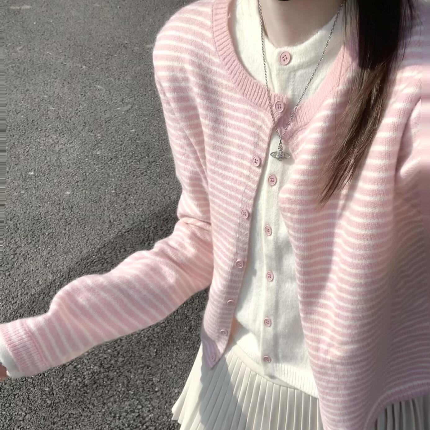 少女感粉色条纹假两件针织开衫上衣女秋季韩系小个子圆领毛衣外套