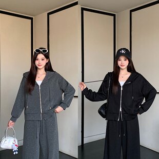实拍大码女装韩版时尚显瘦连帽卫衣开衫外套直筒休闲阔腿裤套装