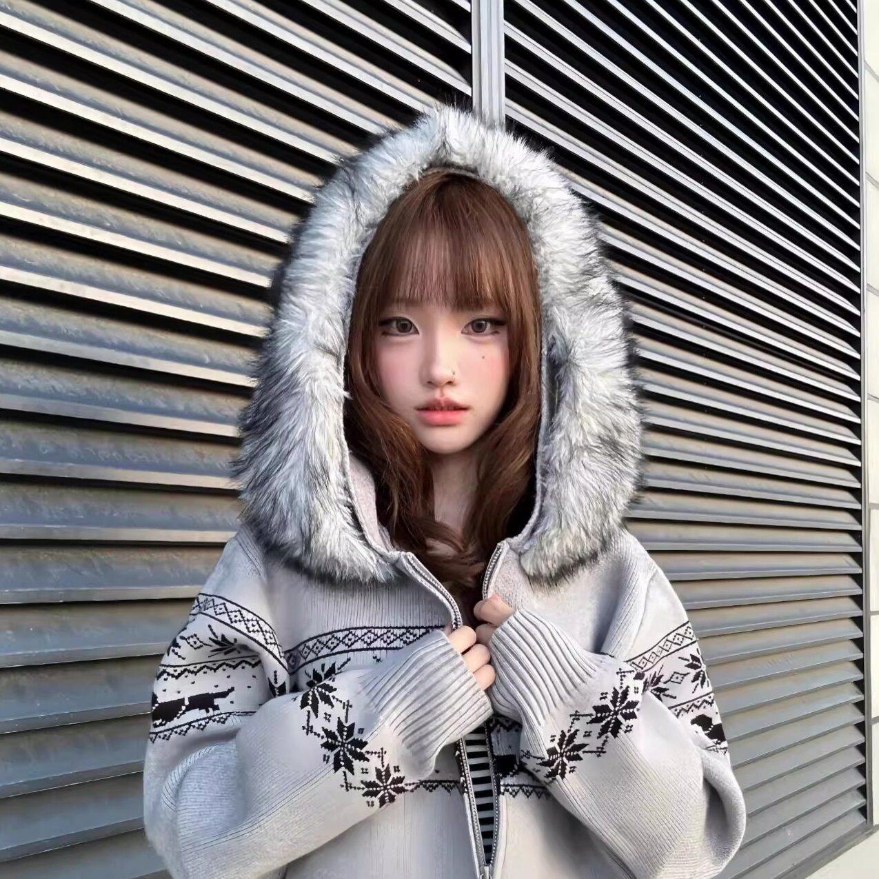 费尔岛连帽毛衣外套女韩系秋季穿搭慵懒风针织衫宽松长袖软糯上衣