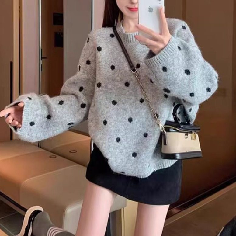 灰色波点套头毛衣女2025新款秋冬加厚宽松休闲慵懒风内搭针织衫,女装/女士精品,毛衣,淘宝优惠券,粉丝福利购,淘宝优惠卷