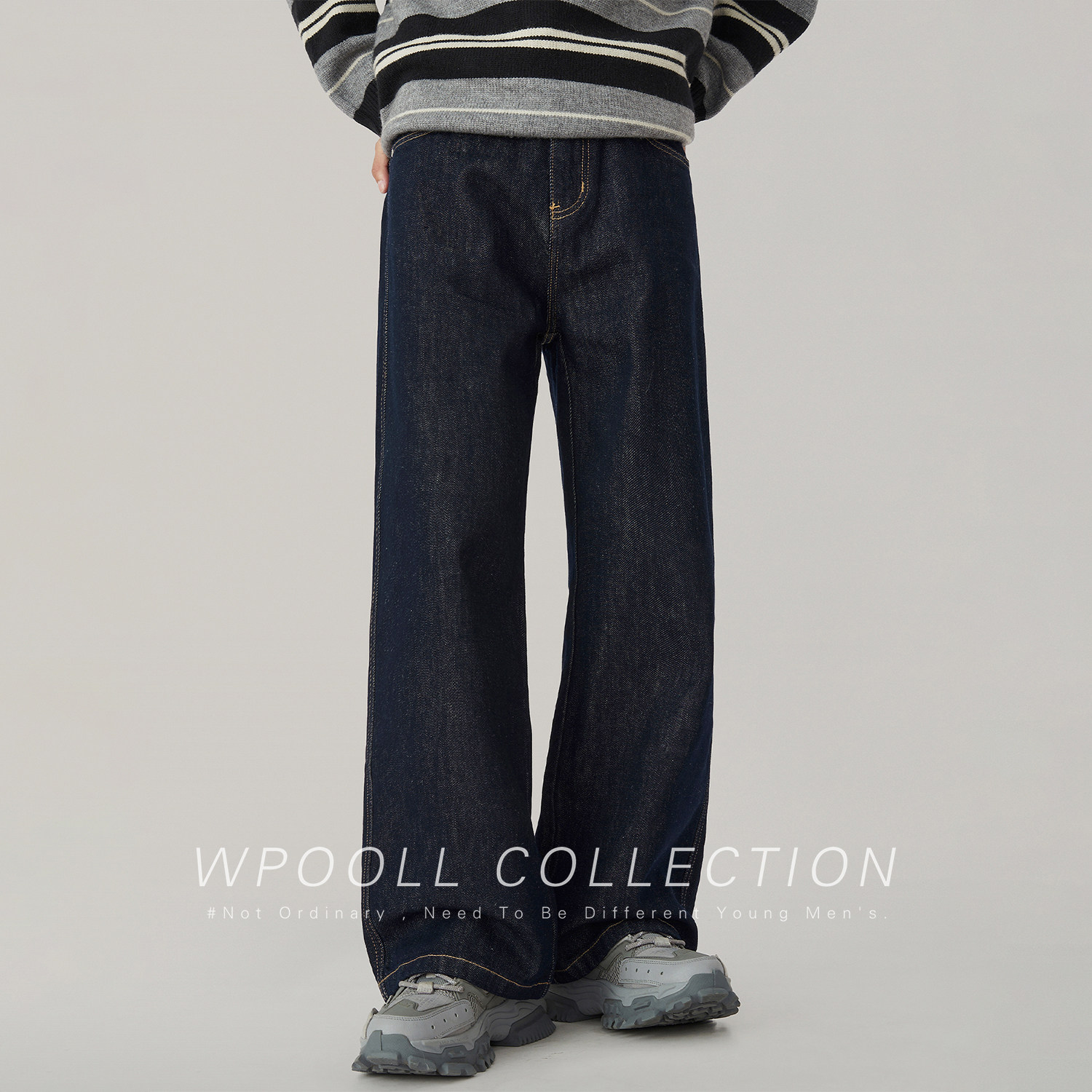 美式高街丹宁原色牛仔裤男生潮牌秋季休闲加绒裤子男宽松直筒长裤