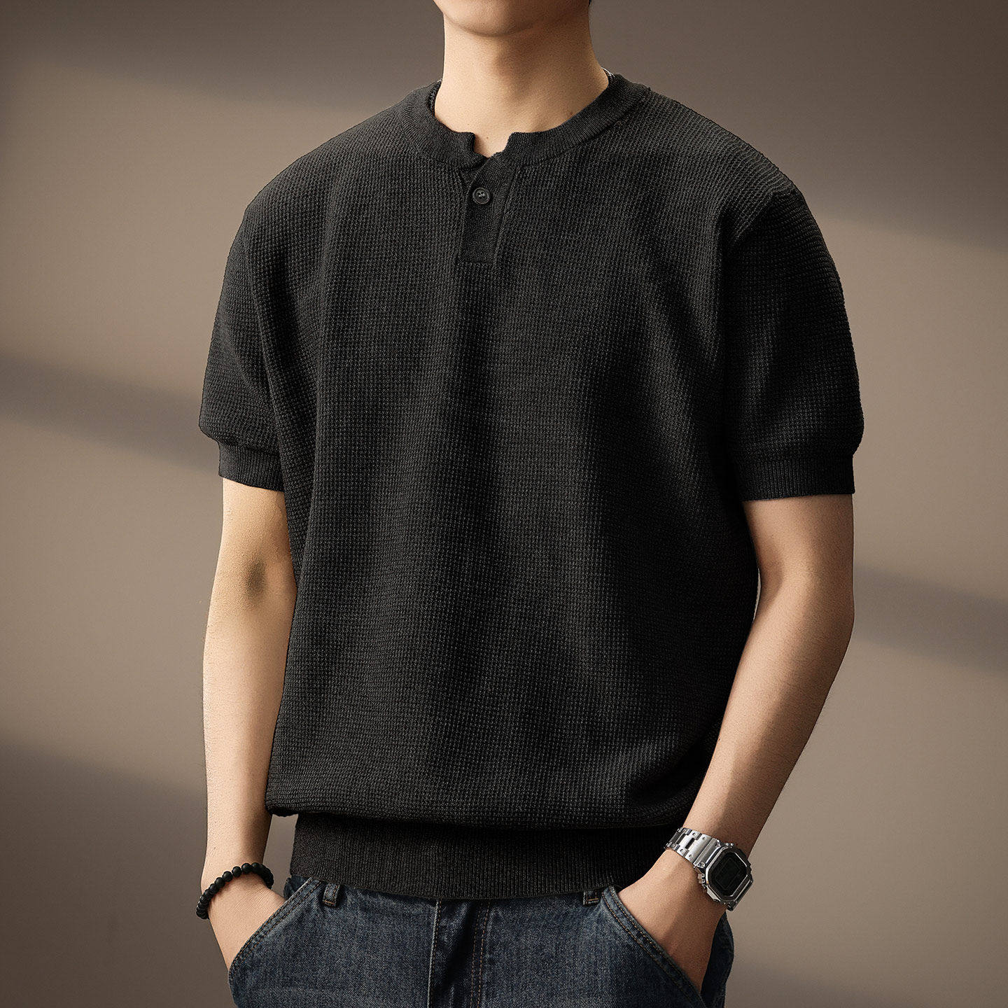 高端美式复古重磅亨利领短袖Polo衫男老钱风休闲半袖修身针织T恤