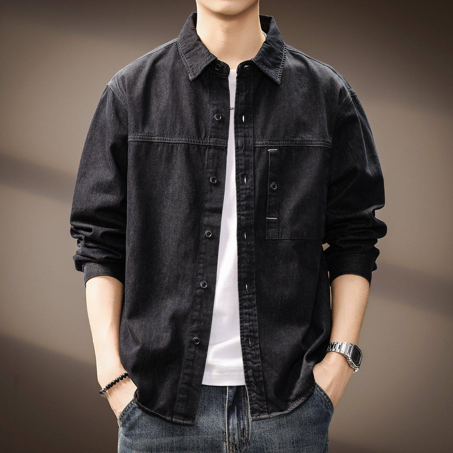 高端美式复古水洗工装牛仔衬衫男2026春秋新款休闲长袖夹克外套男