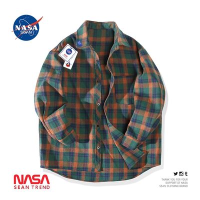 NASA联名复古格子长袖衬衫男春秋款日系韩版潮流休闲港风衬衣外套