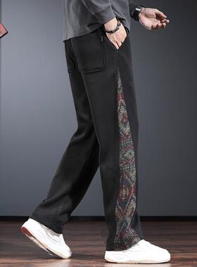 潮牌休闲裤男宽松直筒阔腿卫裤秋冬款迷彩拼接痞帅炸街加绒长裤子