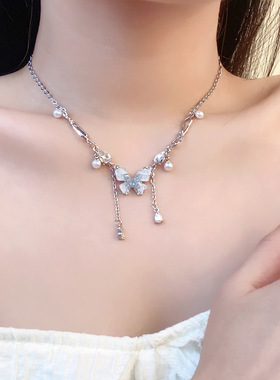 超仙碎石蝴蝶流苏项链女轻奢高级感气质颈链时尚百搭锁骨链项饰夏