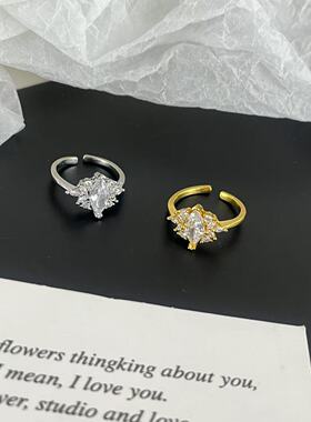 韩系清冷感爆闪鸽子蛋锆石戒指女高级感轻奢叠戴可调节开口食指戒