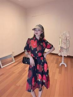 复古设计感气质连衣裙2025新款衬衫裙 大花短袖立领显瘦修身长裙