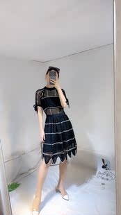 2025年夏季新款名媛修身显瘦收腰蝴蝶结短袖镂空水溶钩花 连衣裙