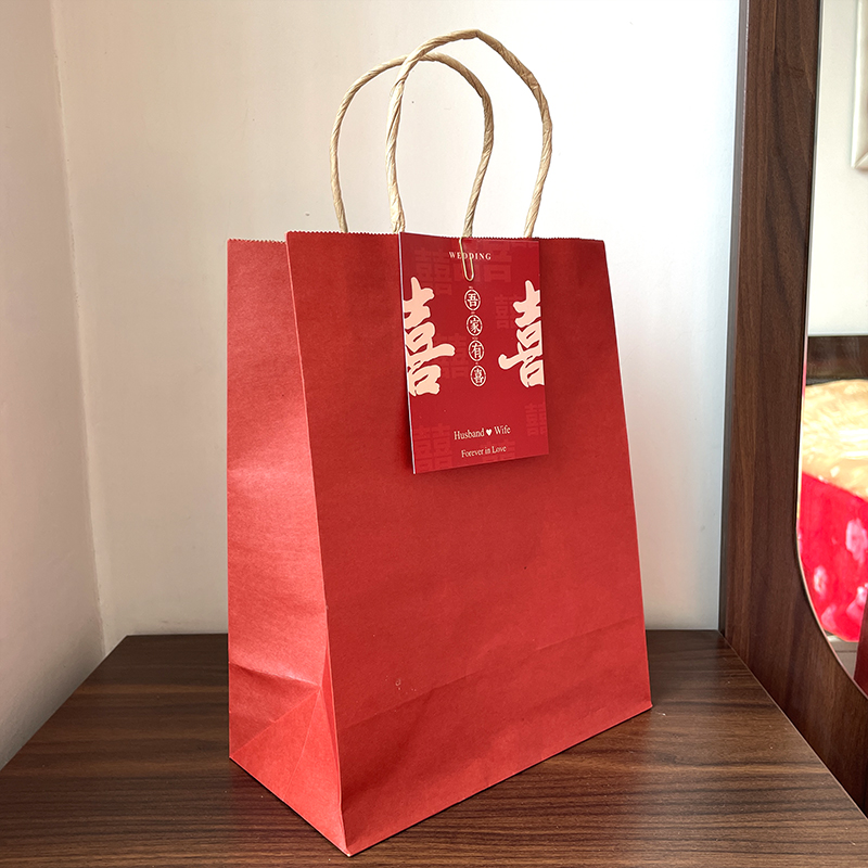 红色牛皮纸手提袋新中式结婚伴手礼回礼包装袋吾家有喜卡手拎袋