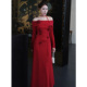 显瘦气质礼服长裙 连衣裙女修身 鹿与玫瑰法式 复古红色一字肩长袖