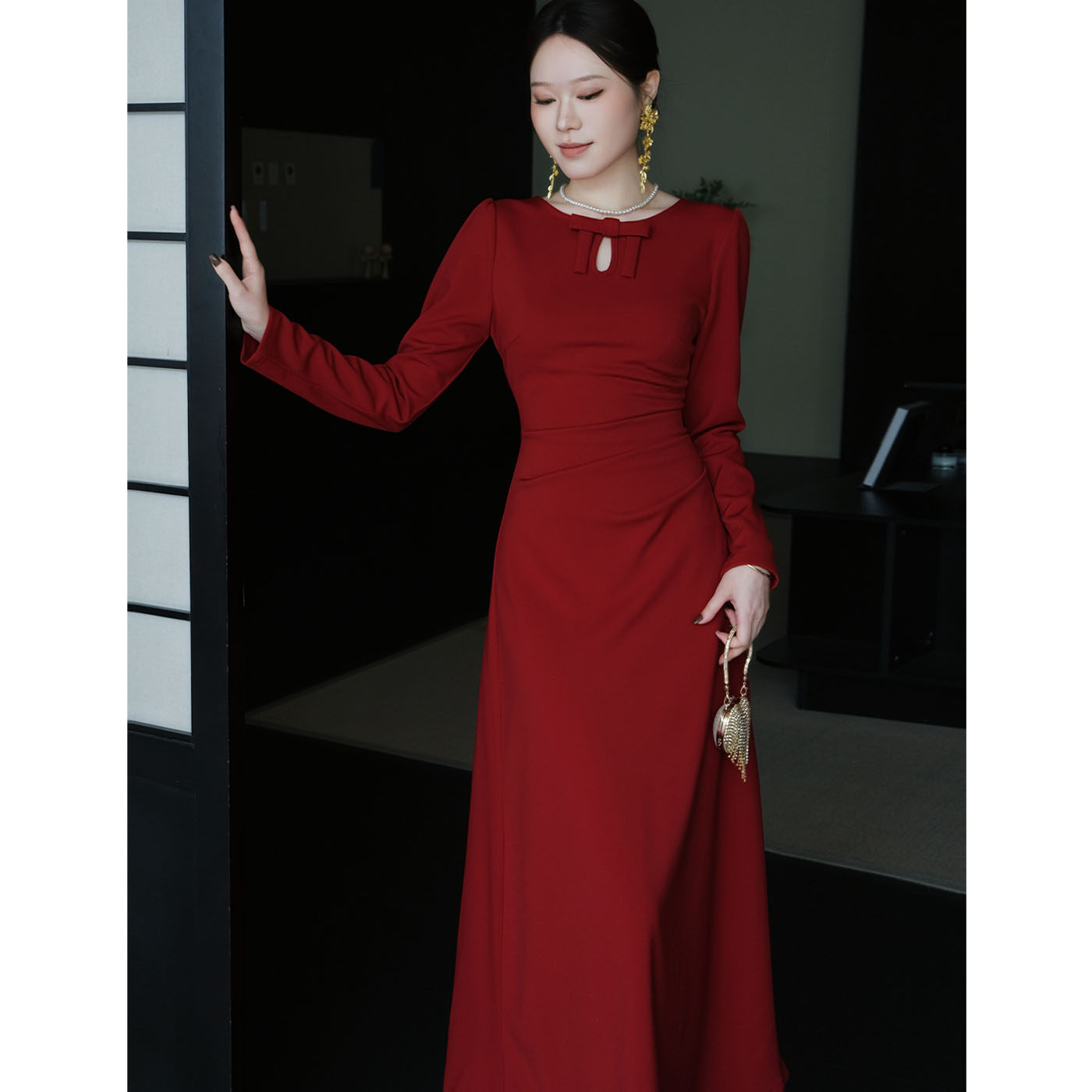 鹿与玫瑰法式复古红色连衣裙女