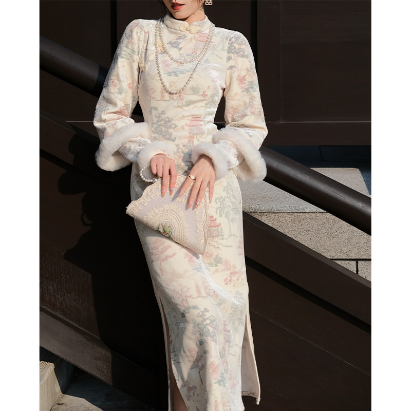 鹿与玫瑰新中式国风改良年轻款加绒旗袍套装女秋冬气质长袖连衣裙