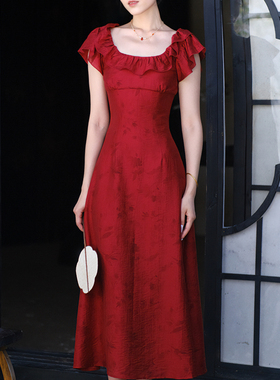 鹿与玫瑰新中式夏季收腰显瘦红色方领荷叶边连衣裙女气质礼服裙子