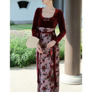 鹿与玫瑰新中式国风改良马面裙女装气质红色丝绒连衣裙订婚礼服裙